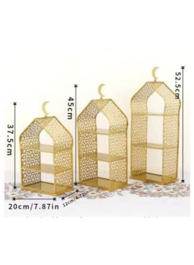 3-Piece Golden Decorative Display Shelves – Premium Metal Serving Racks for Ramadan, Eid, Weddings, Ideal for Fruit, Pastries, and Table Centerpieces（YB212） - Image 5